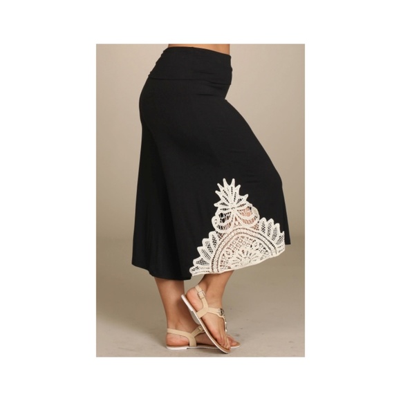 SOLD OUT Pant Gaucho High Waist Crochet Black Capri Wide Bohemian Culottes Plus - Picture 2 of 6